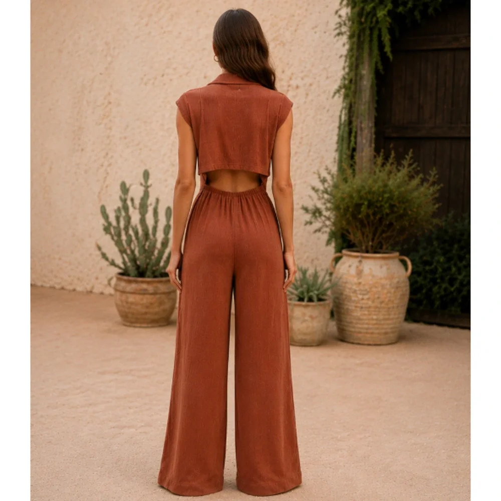 Free People FP Beach Shasta One Piece Wide Leg Jumpsuit Copper S Button Front